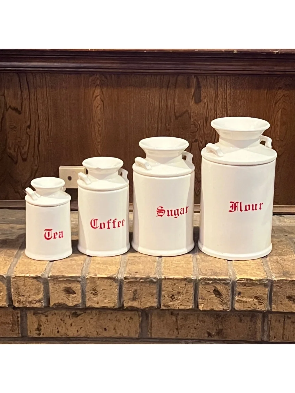 Vintage White Ceramic Kitchen Canister Set with Red Lettering - Tea, Coffee, 4-P